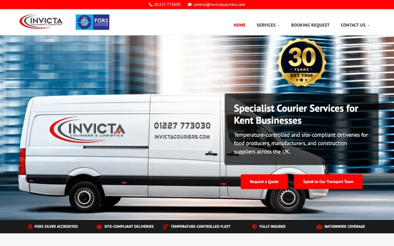 Screenshot of the Invicta Couriers website
